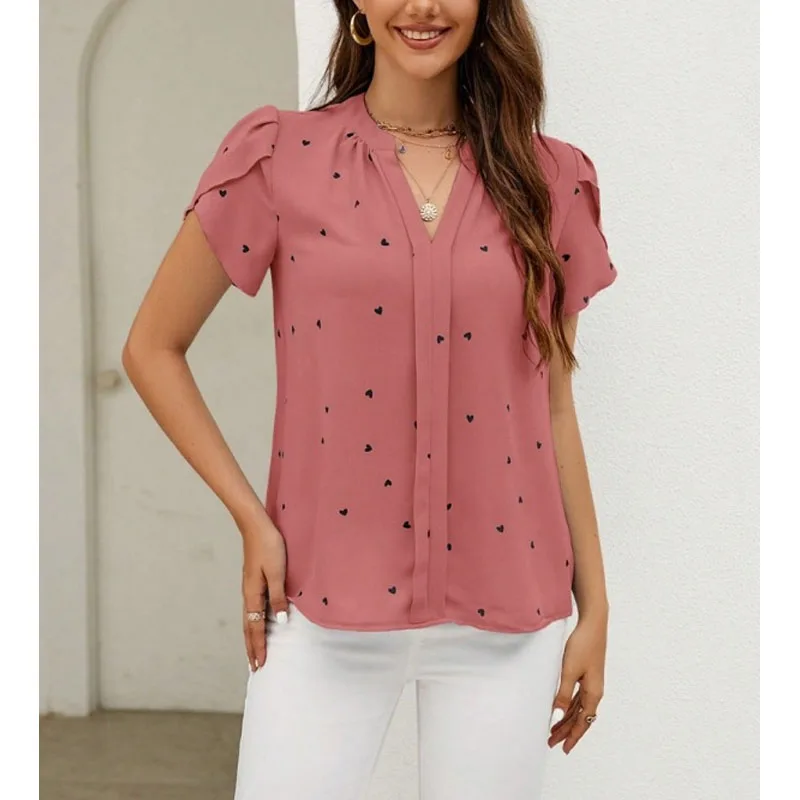 Summer New Elegant Simplicity Loose Casual Versatile Commuter Pullovers V-Neck Spliced Love Petal Sleeve Women\'s Shirt Tops