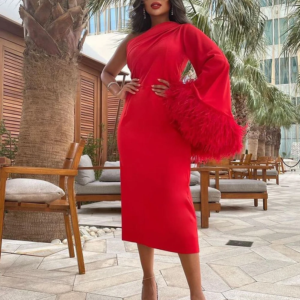 Customized Elegant Feathers Jersey Red One Shoulder Evening Dress Temperament Straight Long Sleeves Tea Length Celebrity Gowns