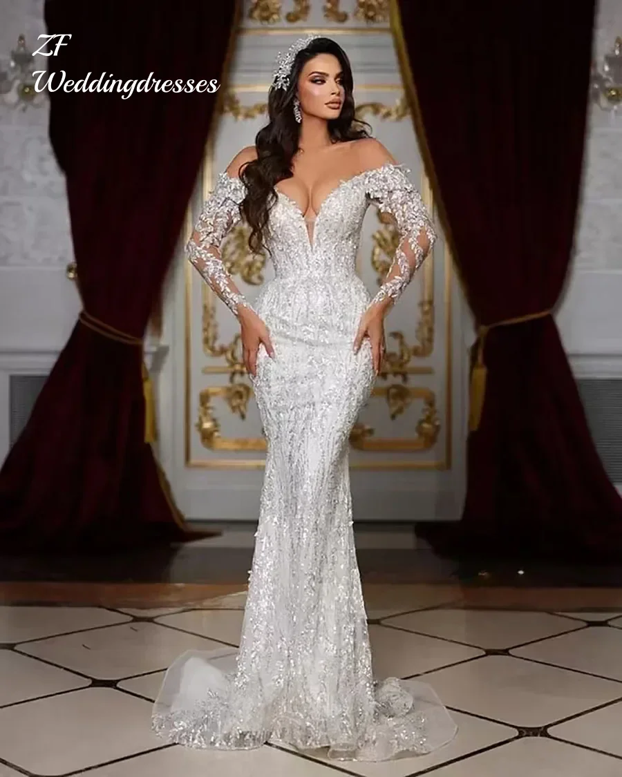 Customized Luxury Shoulder Beads Sequins Wedding Dresses with Detachable Train Bride Dresses Fashion Luxury Robe De Mariage