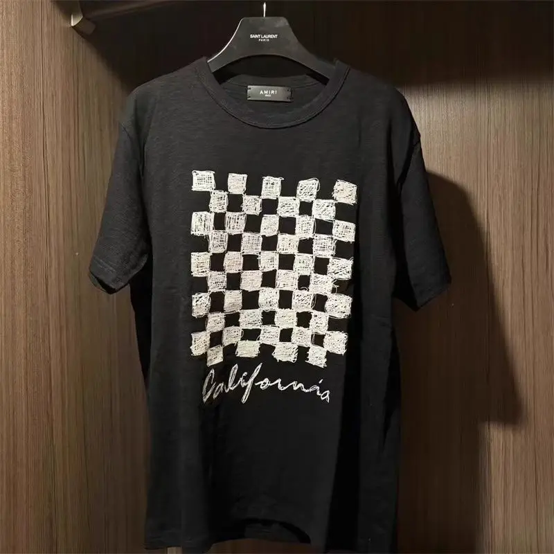 

Футболка с короткими рукавами из чистого хлопка с клетчатым принтом для мужчин и женщин