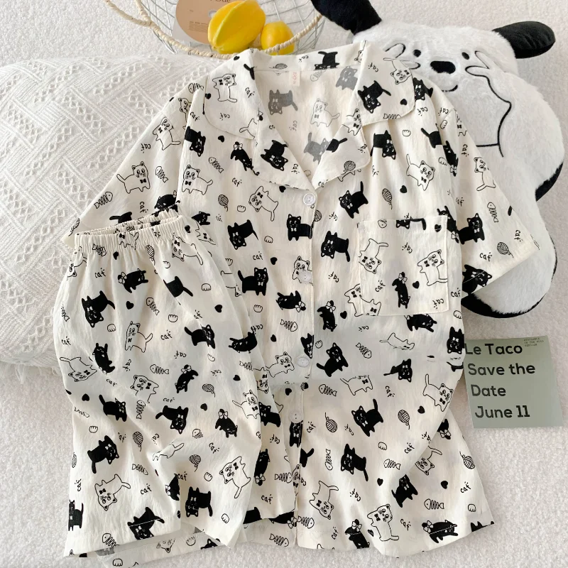 

Harajuku Style Kawaii Sweet Women's Pajamas Set Short Popular Cat Print Cute 2 Piece Pajamas Set Summer New Casual Home Wear