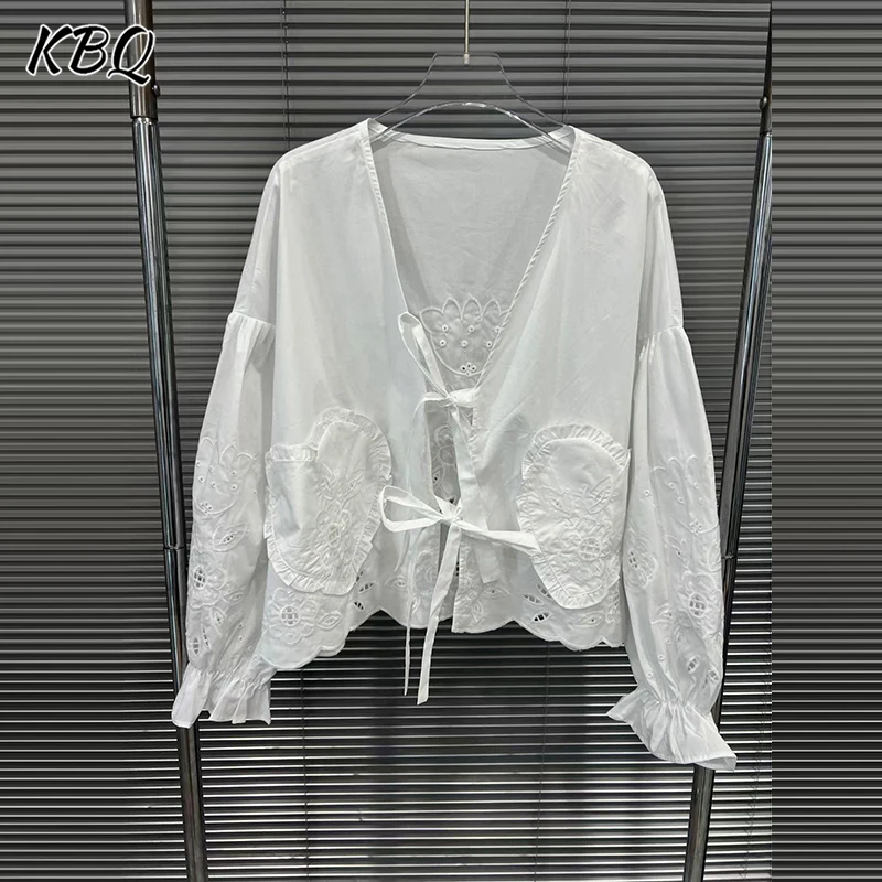 

KBQ Solid Hollow Out Slimming Elegant Blouses For Women V Neck Long Sleeve Spliced Lace Up Spring Temperament Shirts Female New