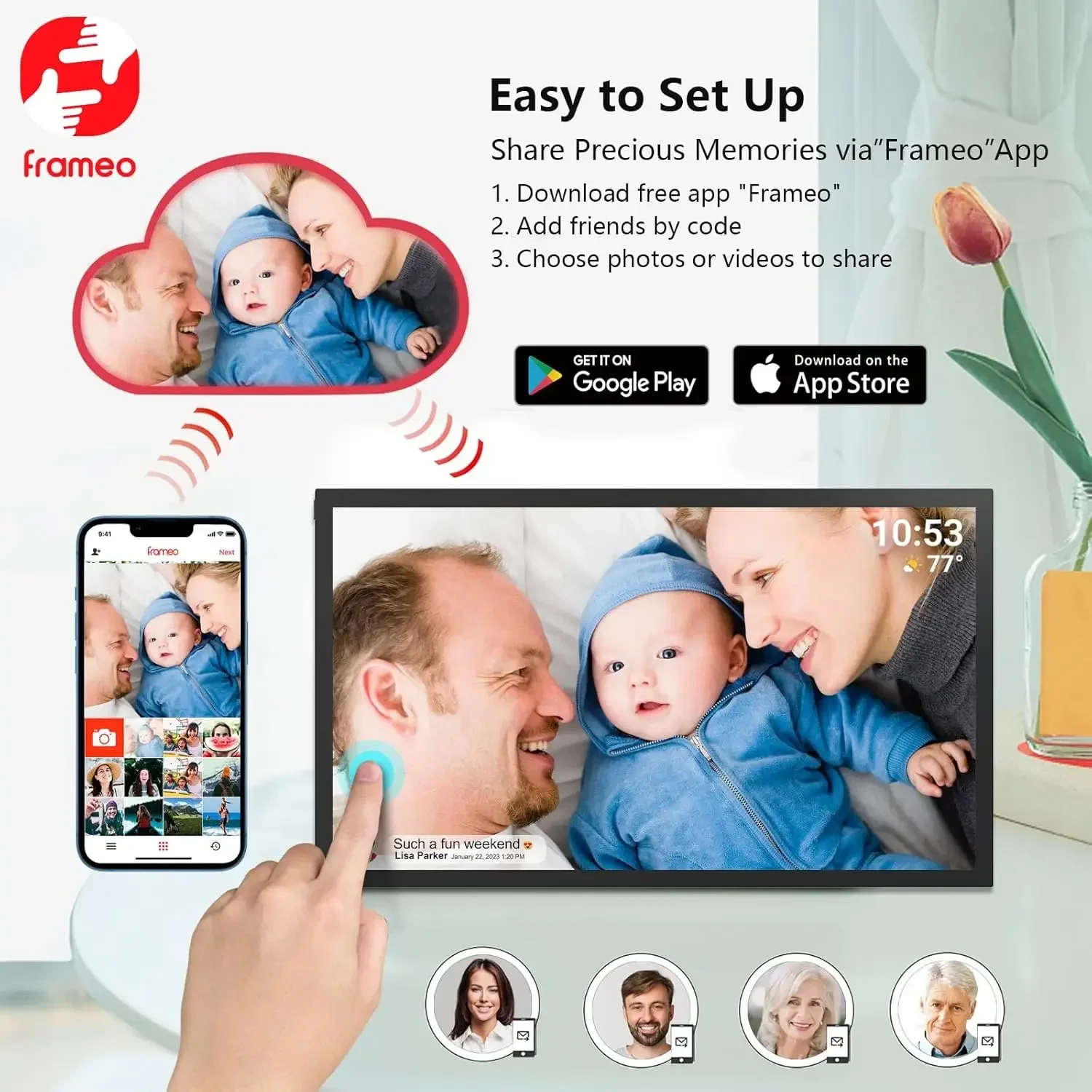 ホットセール 32GB FRAMEO デジタルフォトフレーム、21.5インチ大型WiFiデジタルフォトフレーム IPSスクリーン搭載、壁掛け簡単共有フォトフレーム