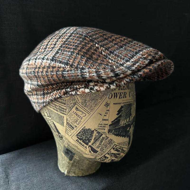New Trendy Vintage Plaid Newsboy Cap Men Women Retro Tweed Flat Ivy Driver Hat Warm Wool Checkered Beret Autumn Winter Headwear