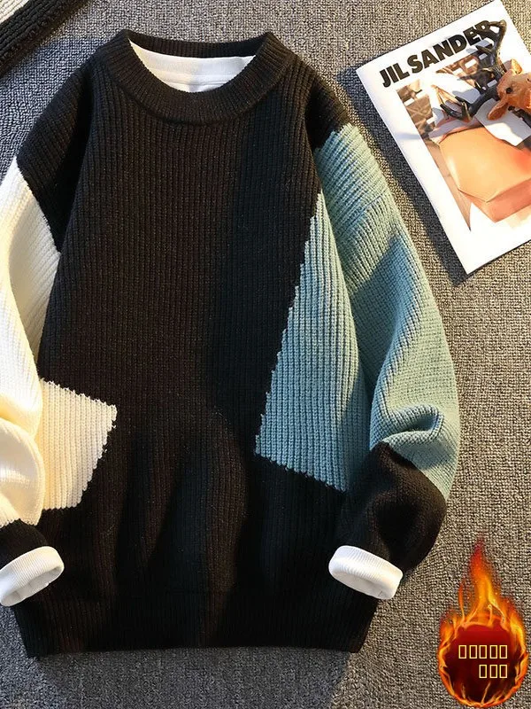 

Men's Thiened Warm Loose Knitted Sweater round Ne Color Blo Winter Casual Wear Polyester Blend Long Sve Base irt