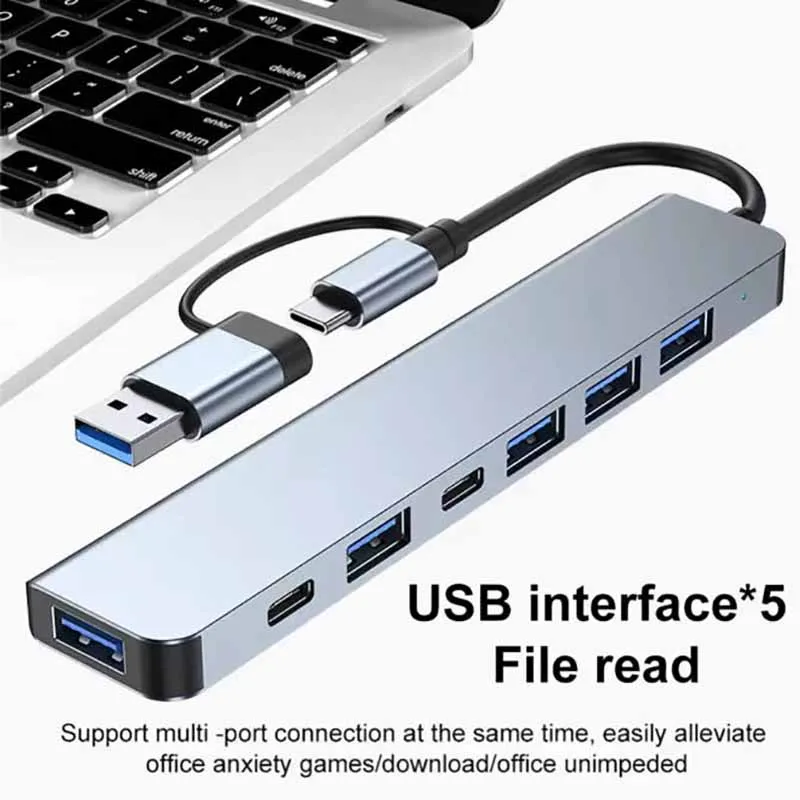 7 Ports USB A C Hub Concentrator 3.0 2.0 Type Multi Adapter Multi-hub Dock Splitter Laptop PC Computer Extension Accessories