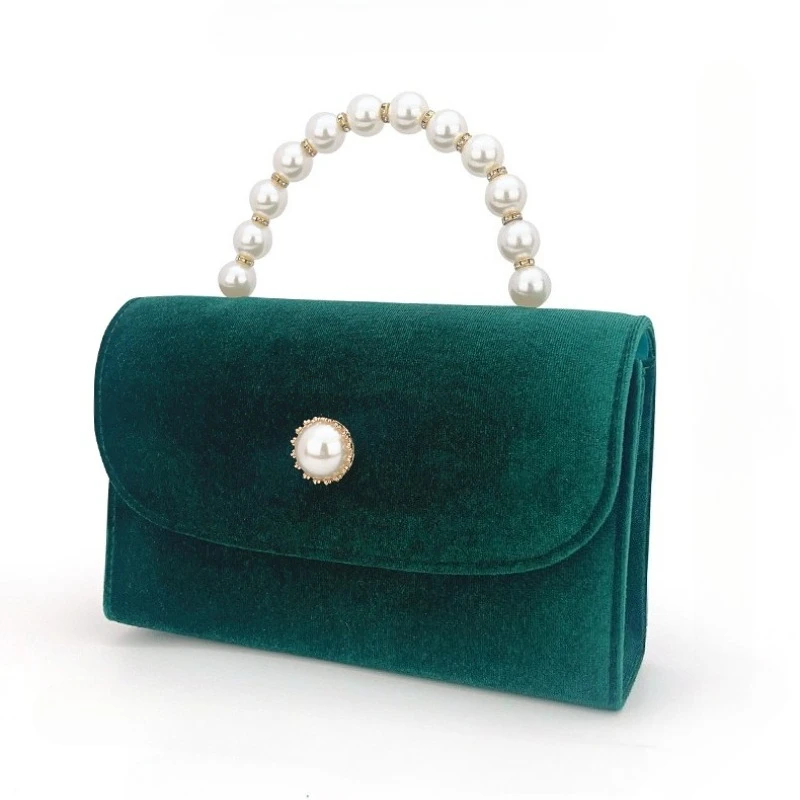 

Glamorous Evening Bag Women's Vintage Pearl Handle Wedding Bridesmaid Bag Fashionable Soft Velvet Handbags Red Green Sac À Main
