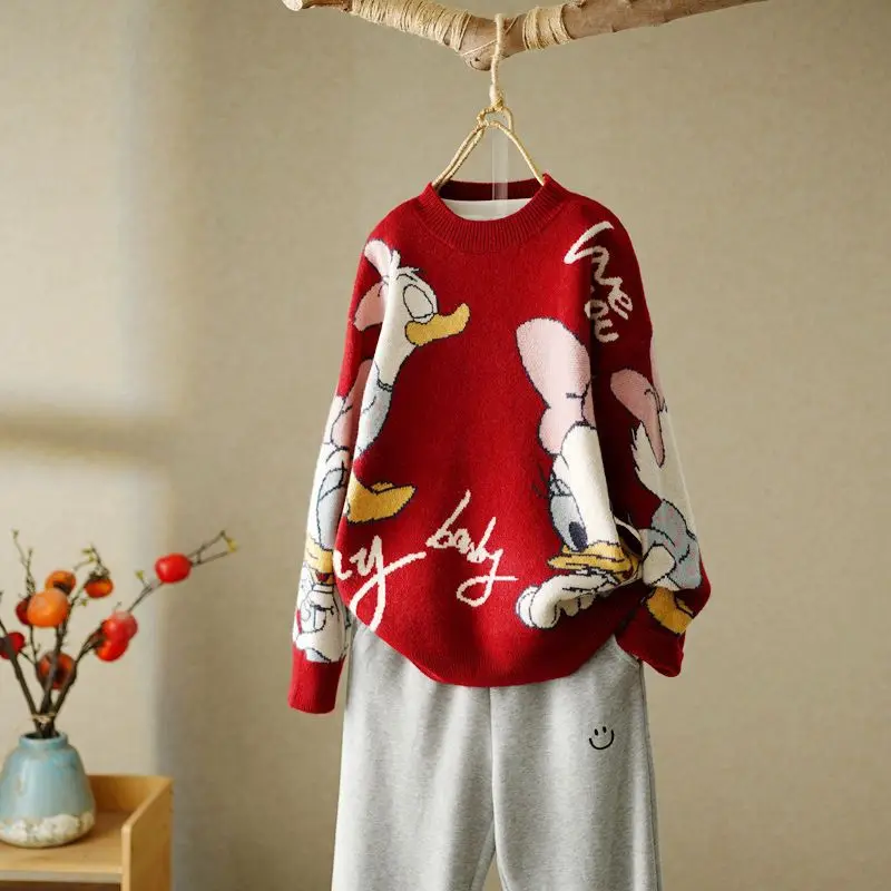 Auf Lager Disney Gestrickte Pullover Daisy Cartoon Pullover Für Frauen Mantel Weibliche Herbst Und Winter Lose Wilden Verdicken Kawaii Tops