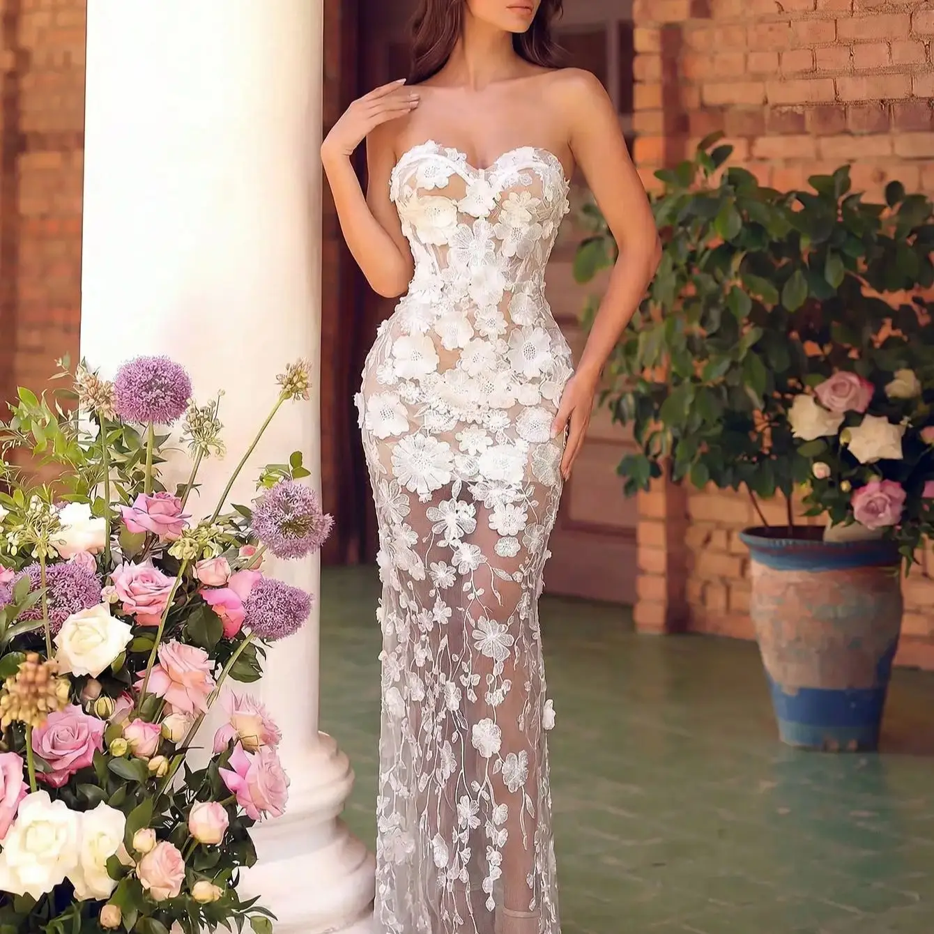 

Luxury Strapless Sheer Lace Fishtail Evening Gown Three-dimensional Floral Fitted Long Dress High-class Red Carpet Party Dress
