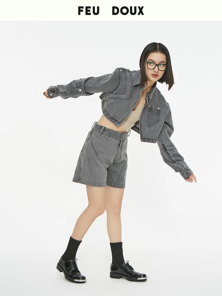 

Feu Doux Retro Patchwork Denim Jacket And Shorts Set Original Design Loose Fit Cotton Long Sleeve Short Length Pure Color
