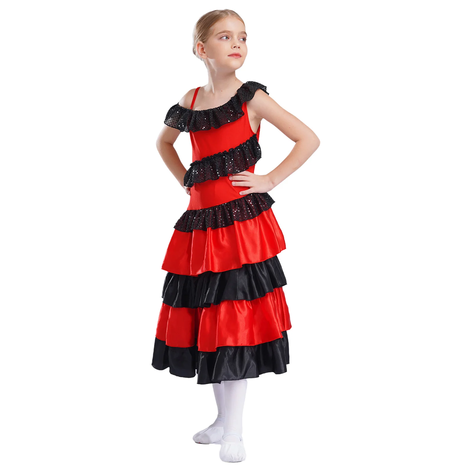 Disfraz de Flamenco para niñas, bailarina española de satén, falda con volantes escalonados y círculo completo, vestido elegante de baile para Festival gitano de Halloween