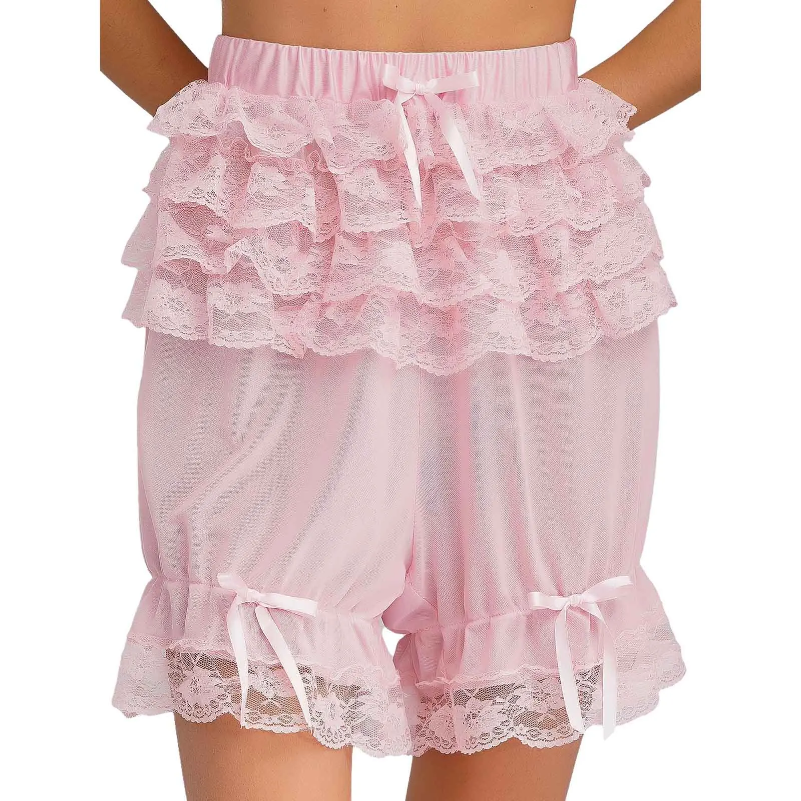 Womens Sweet Shorts Sheer Lace Panties Pantyies Tiered Ruffle Bow Underwear Y2K Lolita Costume Frilly Bloomers Cute Pettipants