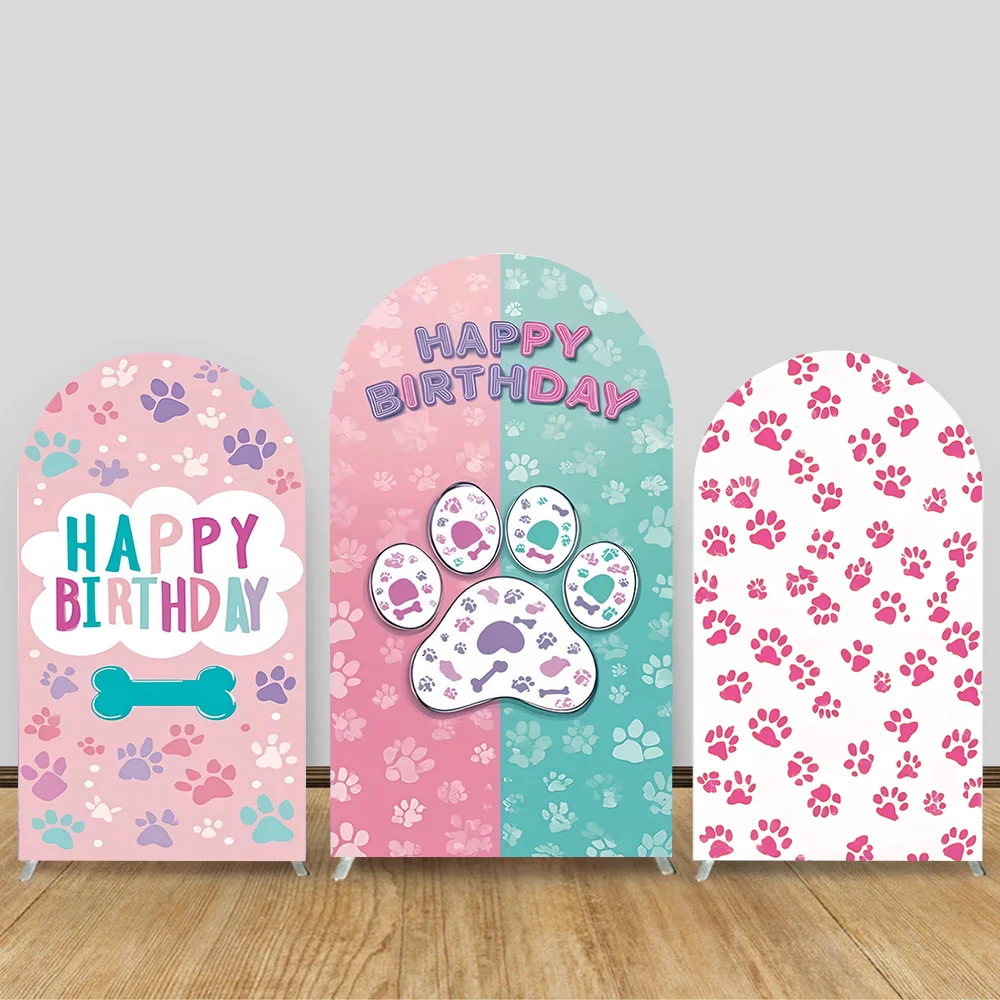

Pink Paw Print Arch Background with Happy Birthday Text and Bone Shape Pet Party Baby Shower Wedding Decoration Photography Prop