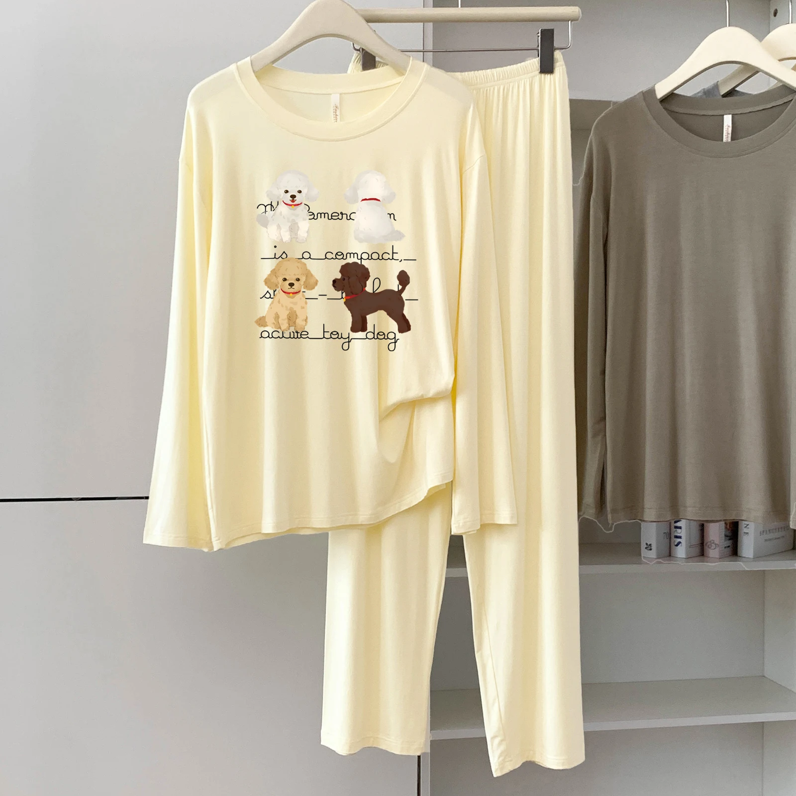 5183-03 بيجامة مشروط للنساء، طراز جديد للربيع والخريف، كاجوال، بسيط، لون خالص، رقبة دائرية، أكمام طويلة، مريح