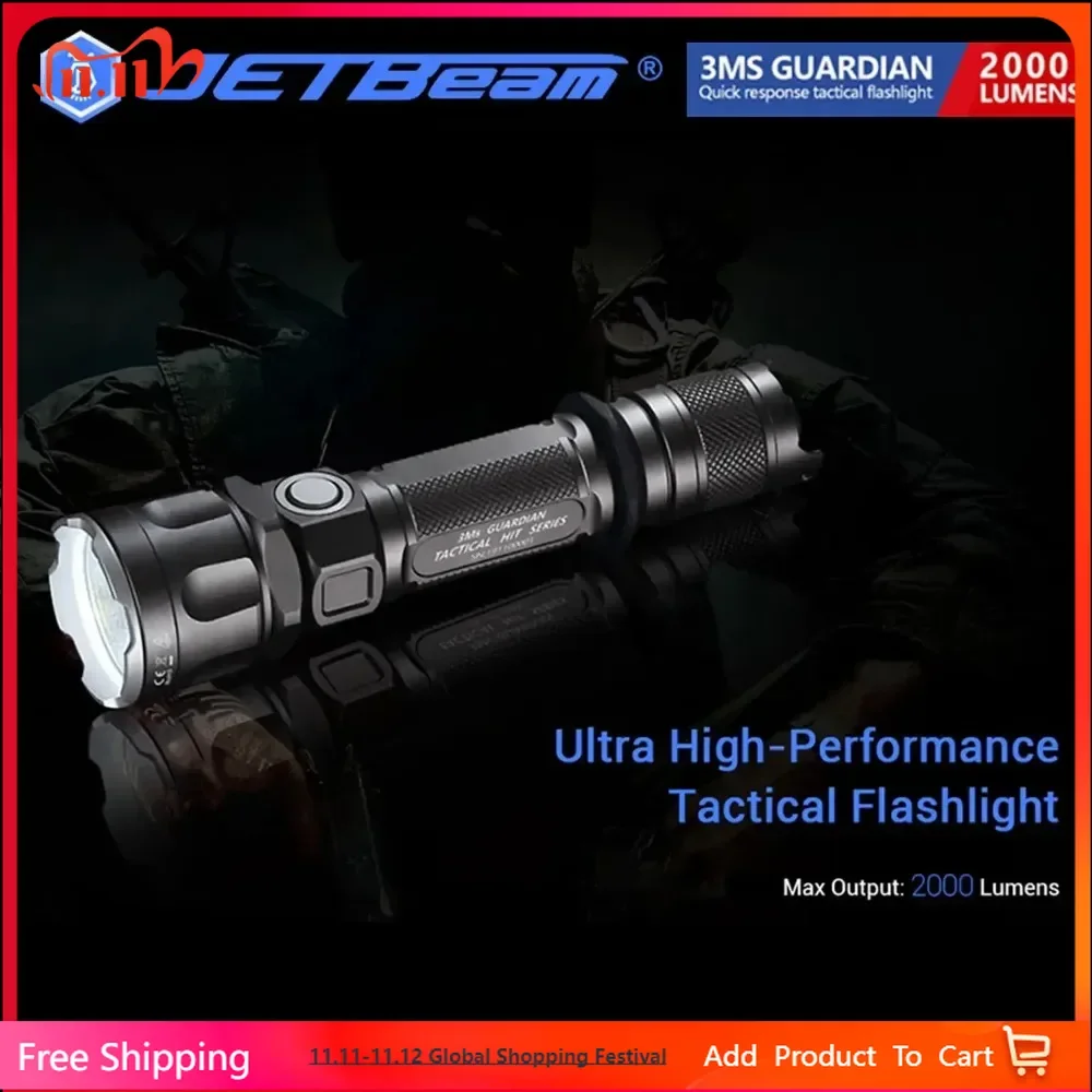 

JETBeam 3MS EDC LED Flashlight 2000 Lumens USB-C Rechargeable Water Resistant Black EDC Tactics Everyday Carry