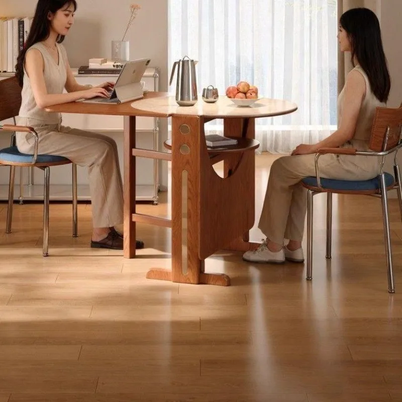 Medieval solid wood folding dining table oval folding round table small apartment eating table semicircular desk folding dining