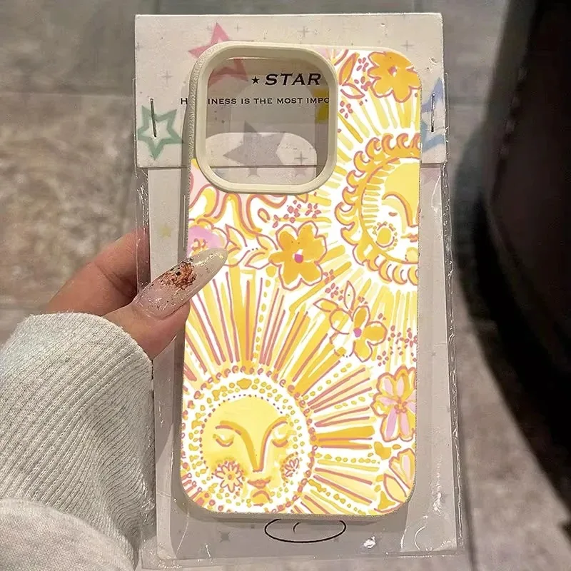 Boho Sun Face Floral Phone Case For iPhone 17 Air 16 15 14 Plus 13 12 11 Pro MAX Bohemian Sun Flower Print Shockproof Soft Cover