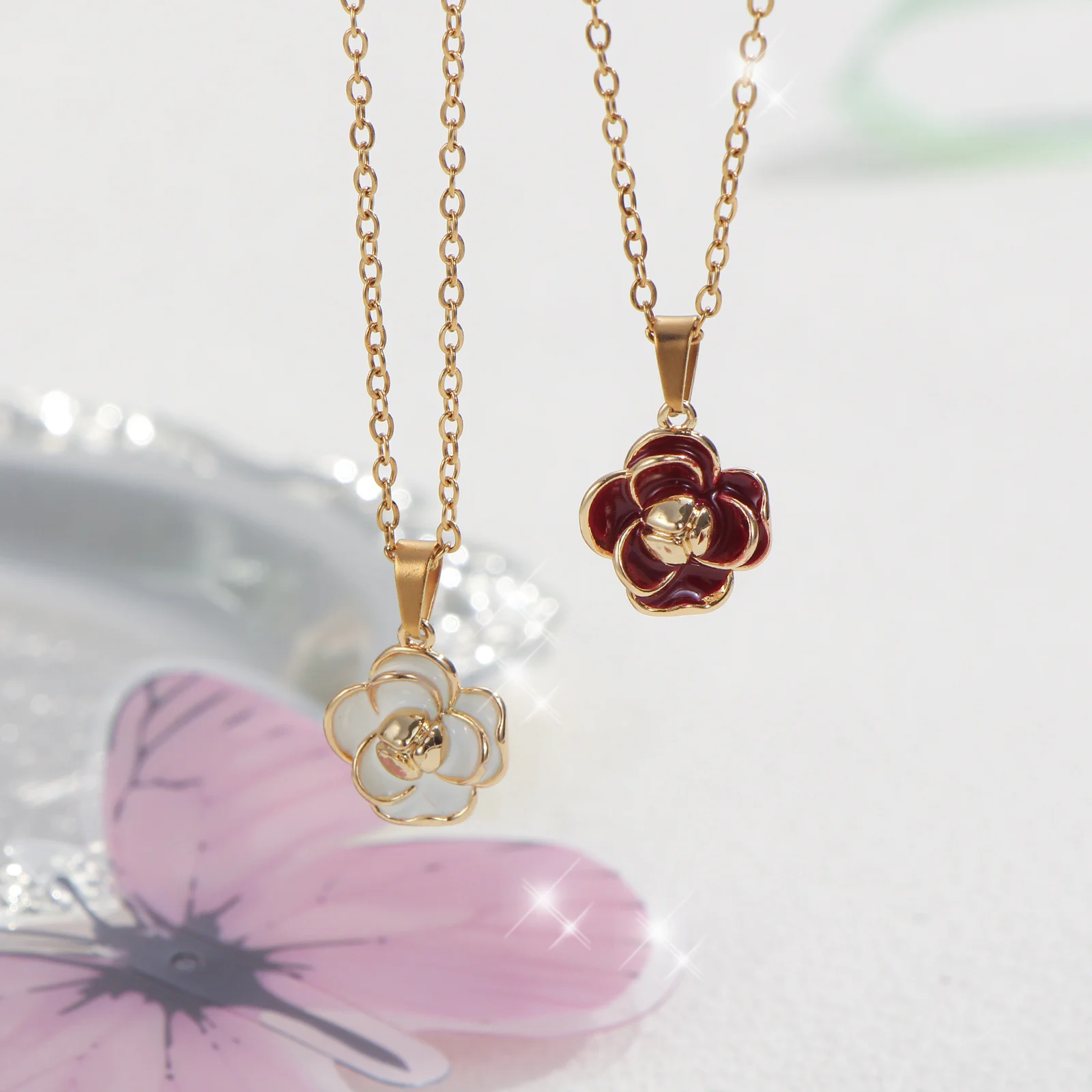 

women fashion necklace 1pc golden camellia pendant enamel luxury clavicle chain