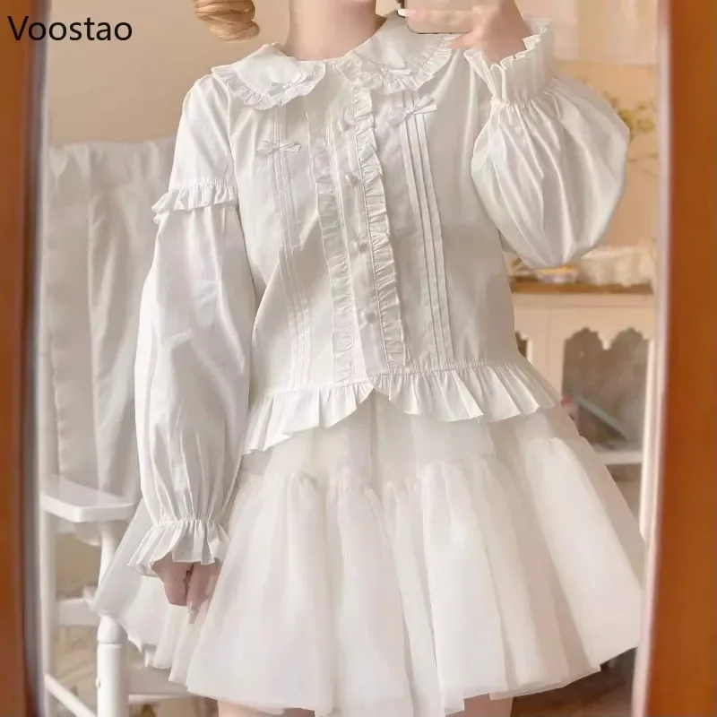 Japanese Kawaii Lolita Shirt Women Sweet Bow Peter Pan Collar Long Sleeve Ruffles JK Top Spring Autumn Girls Cute Blouse Clothes