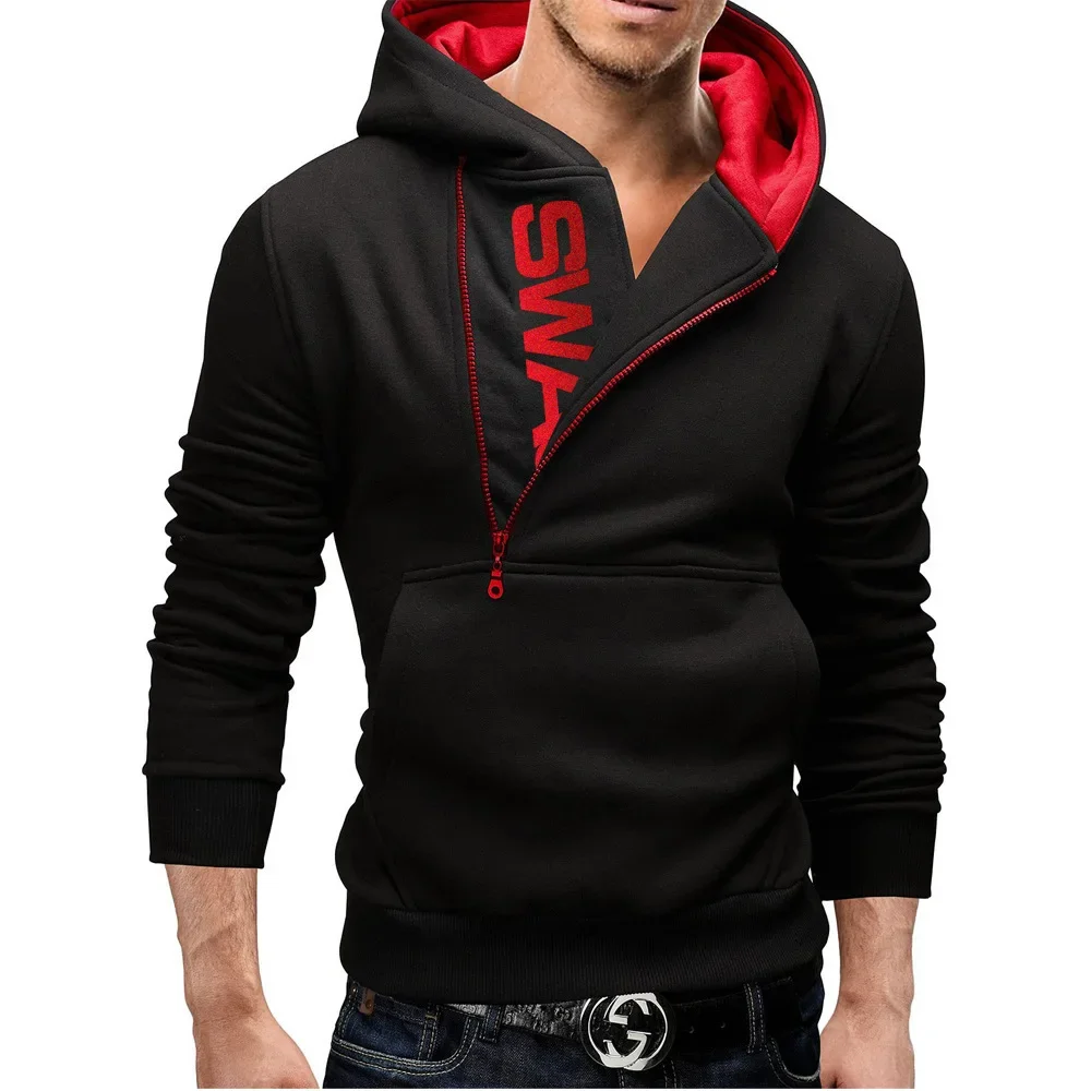 2024 new pullover side zipper contrasting casual hooded men's plush hoodie