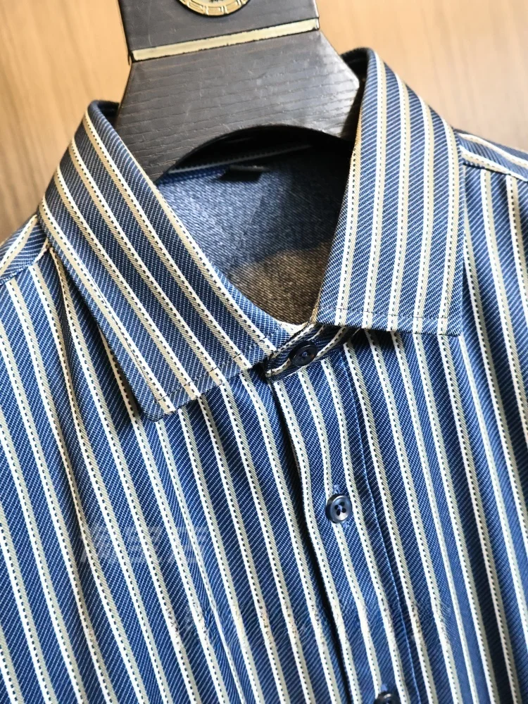 Men's Long Sleeve Wool Blend Fleece Lined Fashionable Warm Collar Shirt Cotton Skin-friendly Striped All-Season Business Casual