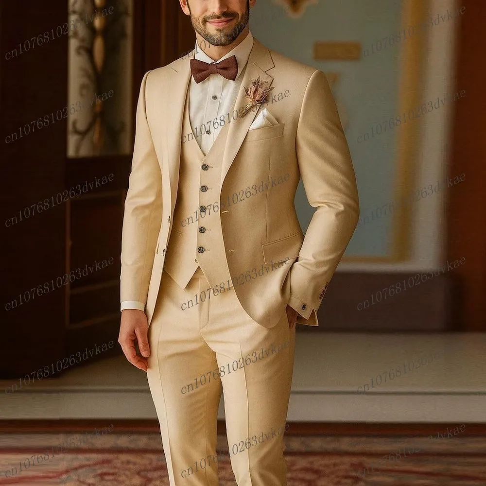 

Новый мужской костюм цвета шампанского, свадебная вечеринка, официальный случай, жених, жених, выпускной, деловые мужские смокинги, комплект из 3 предметов, куртка, жилет, брюки