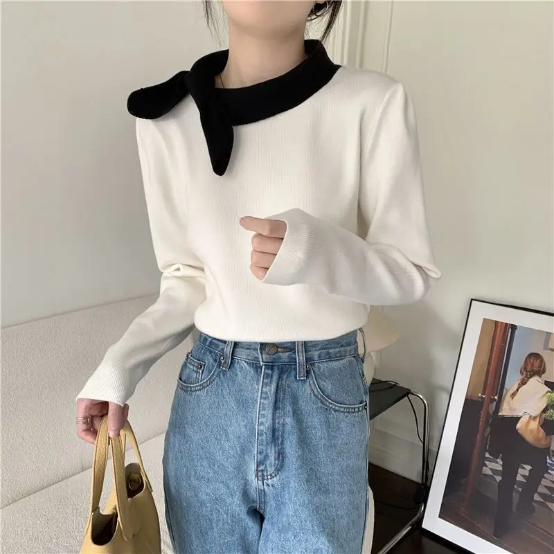 เสื้อสเวตเตอร์ดีไซน์สำหรับผู้หญิงฤดูใบไม้ร่วงฤดูหนาวใหม่สลิมฟิตด้านในแขนยาวถักด้านบน
