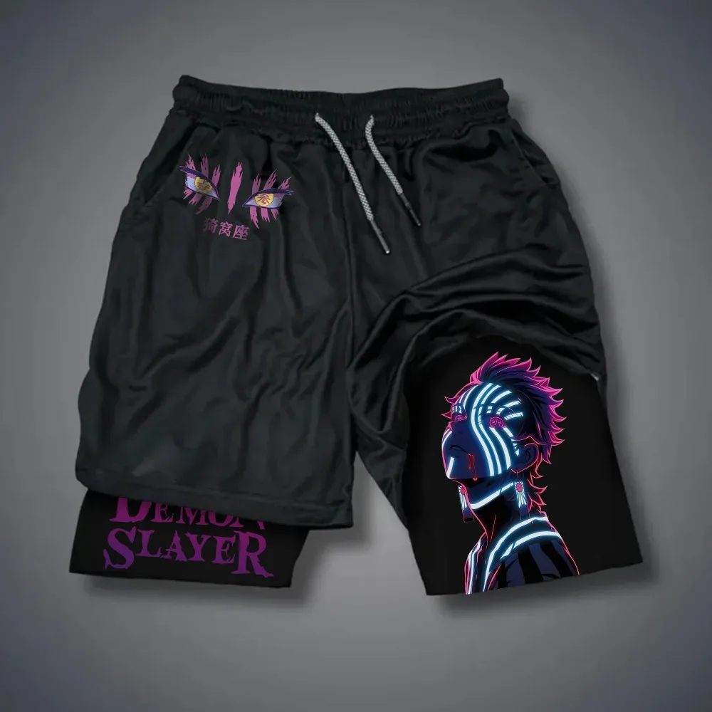 Demon Slayer Kanroji Mitsuri Harajuku Anime Printed 2026 Summer Unisex Loose Sports Breathable Speed Drying Double Layer Shorts view 2
