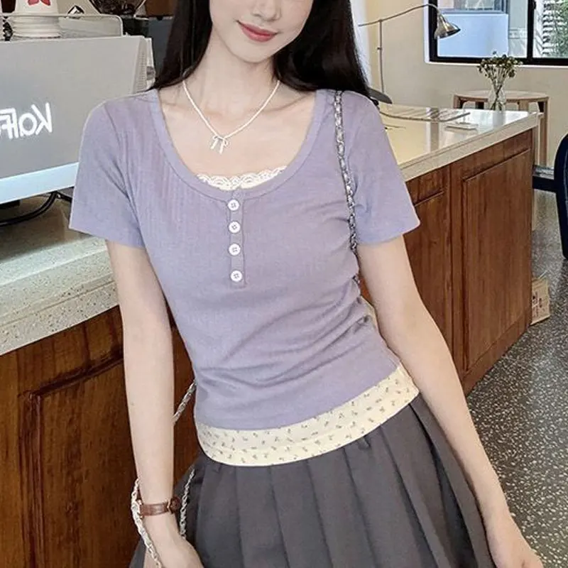 

Fake Two Pieces Lace Slim T-shirts Summer Short Sleeve Female Clothing Sweet Broken Flowers Spliced Fashionable Korean Pullovers