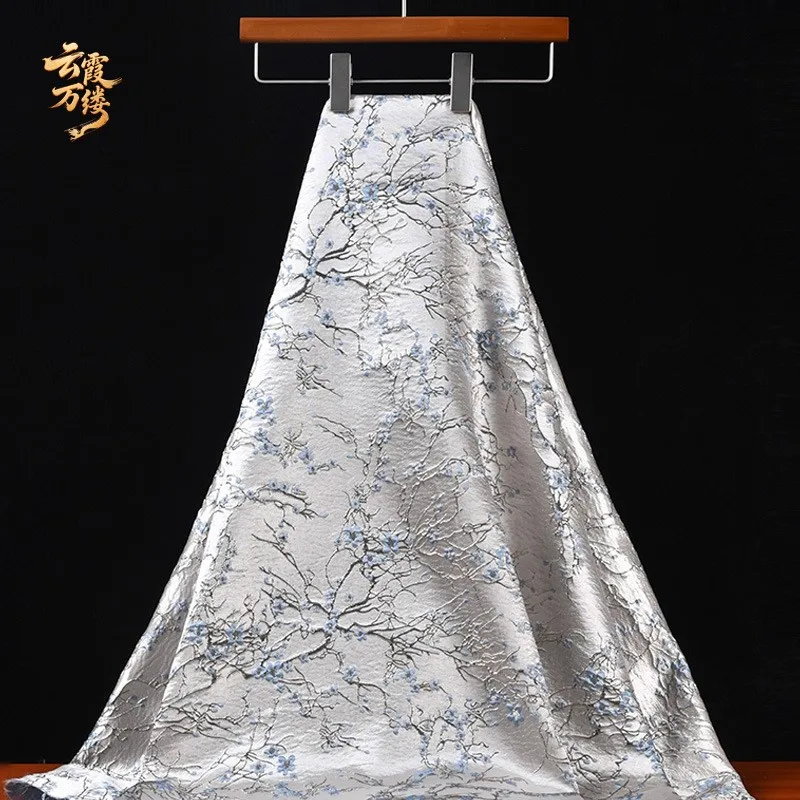 Blue and red plum blossom silver thread jacquard relief embroidery fabric for cheongsam Hanfu clothing designers