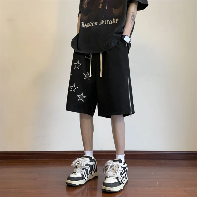 

Men's Casual Leather orts American High Street Summer Trend Loose Sports Straight Leg Mid-Length Casual Five-Point Pants