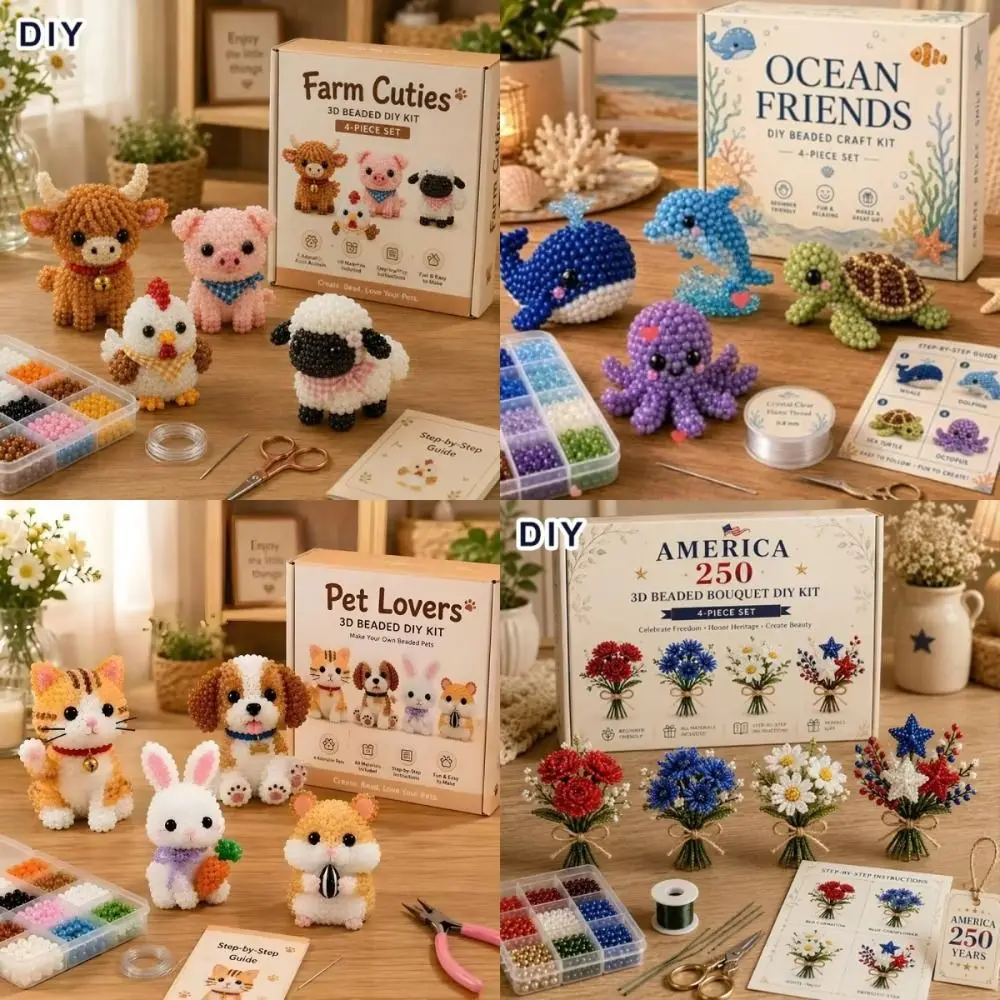 

4pcs New Creative 3D Animal Bead Kit Bead Craft Farm & Sea Animals Pets Beading Set Mini Size Handmade Bead Art Set DIY Activity