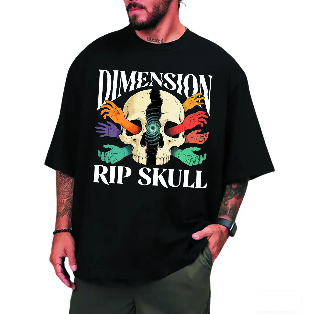 1PC tij merk schedelpatroon schouder katoenen T-shirt met korte mouwen losse grote maat heren T-shirt met ronde hals