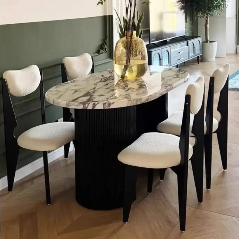 Mesa de Cocina Japonesa Ovalada, Decoración Vintage, Mesa de Cocina de Mármol de Lujo, Muebles de Cocina Modernos Nórdicos Negros
