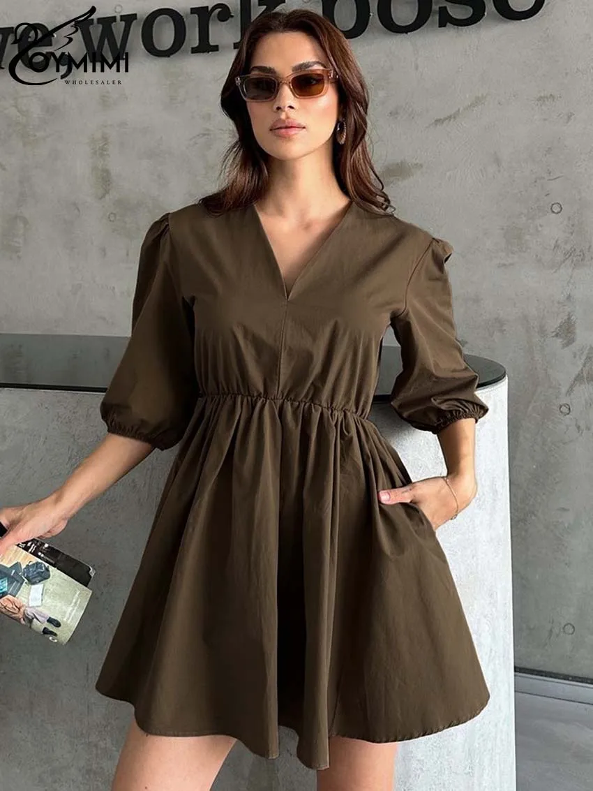 Oymimi Casual Light Gray V-Neck Womens Dresses Elegant Half Sleeve High Waisted Dresses Fashion Pleated Mini Dress Streetwear