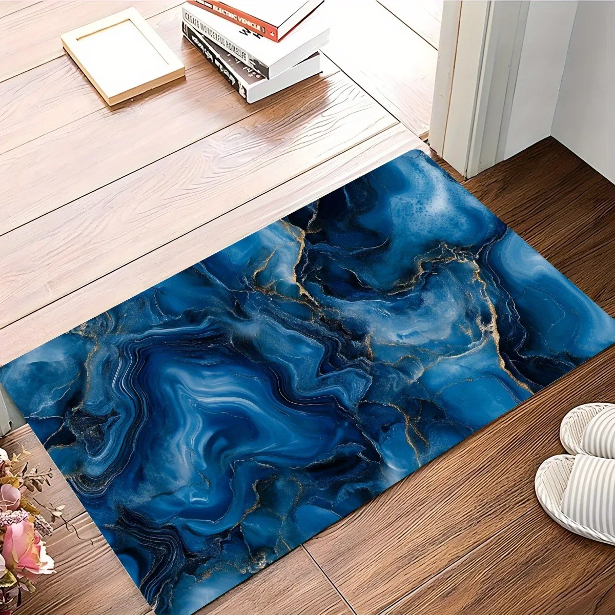 Large Blue Marble Pattern Doormat for Entryway - Stylish Indoor Outdoor Floor Mat for Home Decor