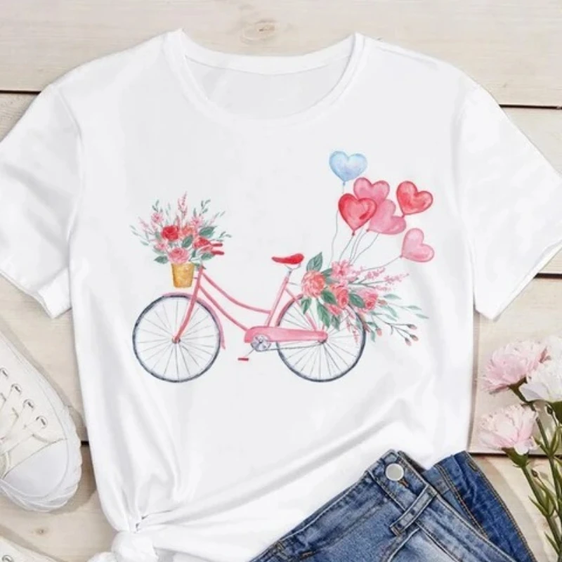 Spring Summer Ladies Floral Bicycle Pattern Fashion Cartoon Print White Letter T-shirt Woman Clothes Oversized T Shirt Tops Tee