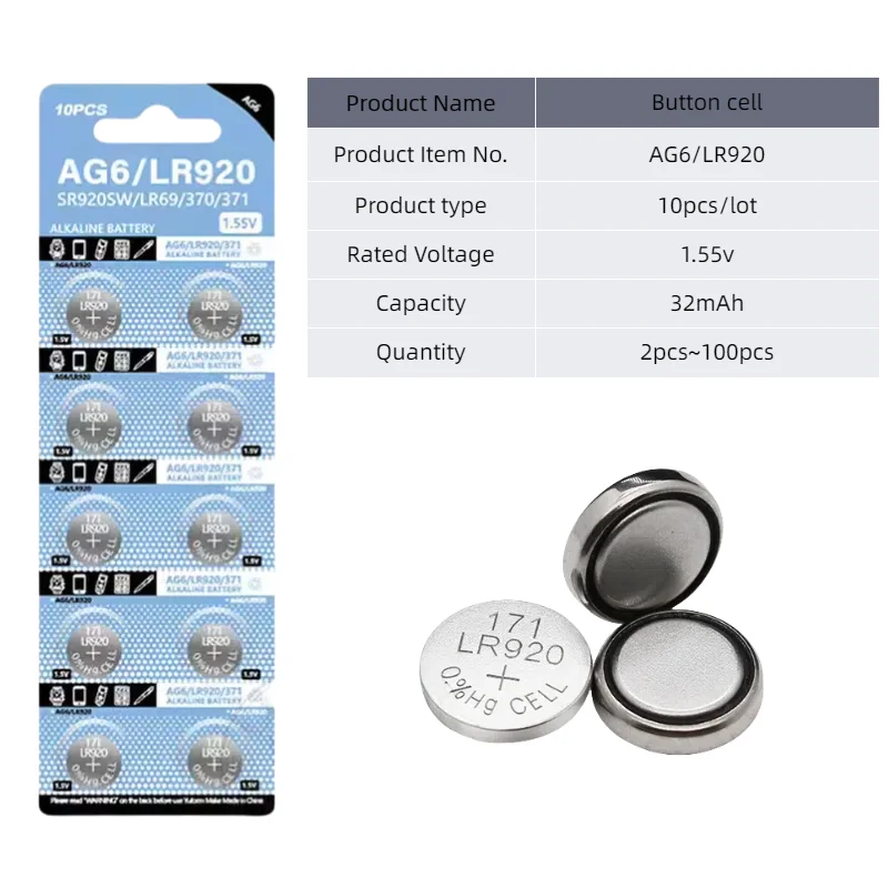 top2-100PCS 1.55V AG6 LR920 SR920SW LR920 SR927 171 370 L921 LR69 SR920 Coin Cell Button Battery For Watch Toys Remote Calculato
