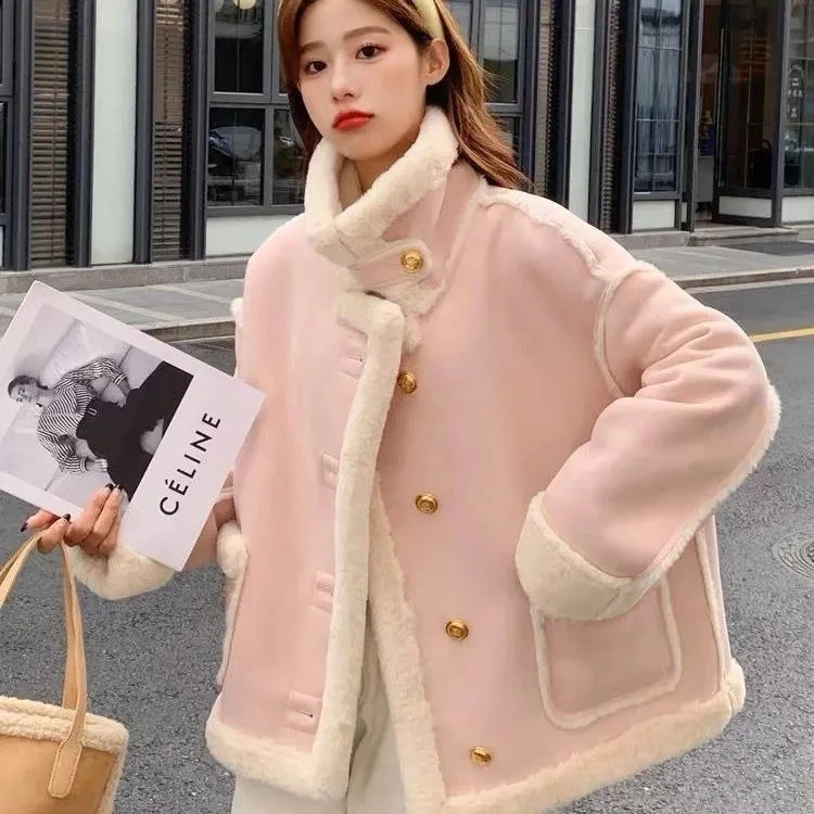 French High-End Imitation Lambswool Coat 2025 New Plus Velvet Fur Integrated Cotton Coat Women Winter Warm Thicken Fur Coat