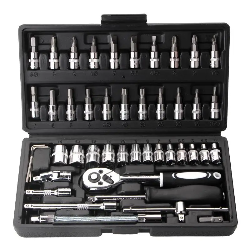 

46Pcs Wrench 1/4 Inch Drive Socket Ratchet Wrench Set, With Bit Socket Metric And Extension Bar For Auto Car Repairing Tools