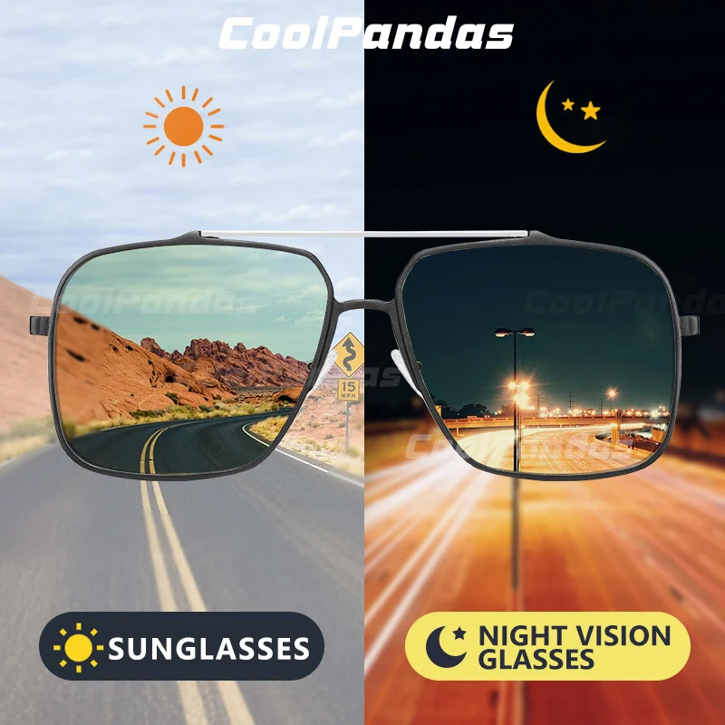 

Top Quality Aluminum Oversized Photochromic Sunglasses Polarized Man Square Day Night Vision Glasses Woman Chameleon Yellow Lens
