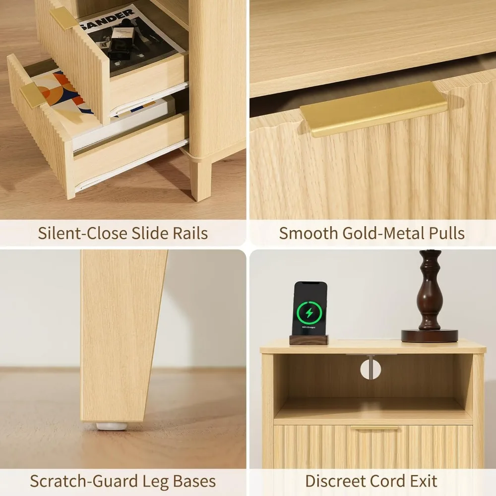 Contemporary Bedside Table with Charging Station and Storage Drawers