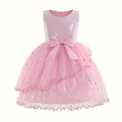 New girls summer princess dress bead bow multi-layer mesh puffy dress temperament party
