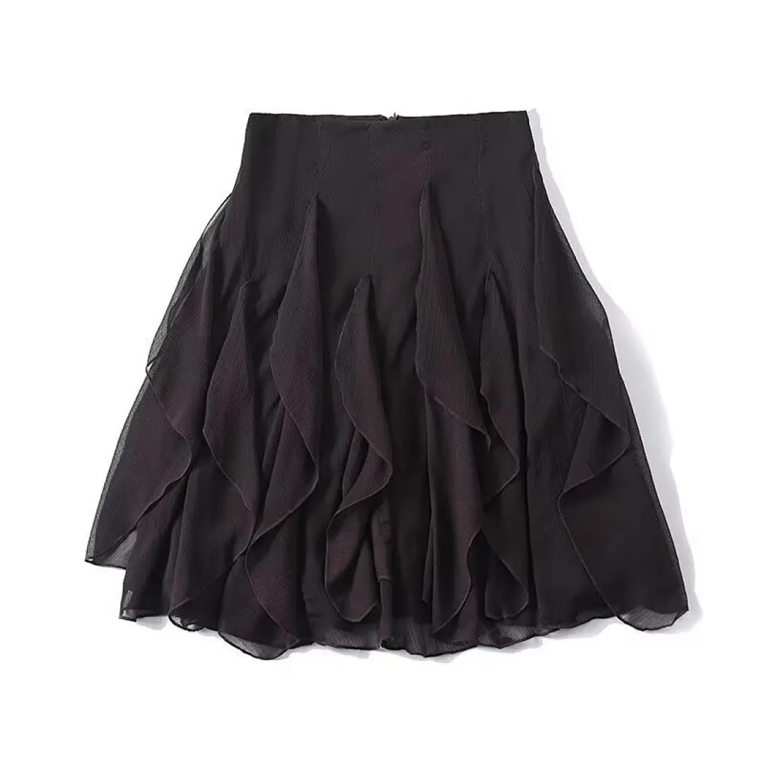 

Maxdutti French Lazy Layered Chiffon Skirt Minimalist Female Clothing Coffee Elegant Mini Women's Skirt Woman Clothing Faldas Sk