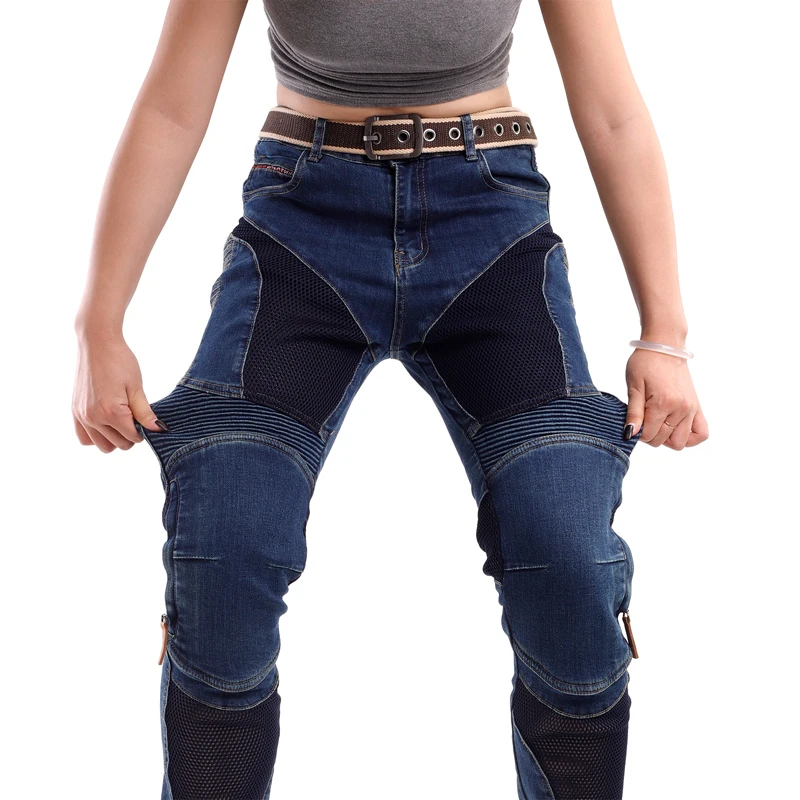 Celana Jeans Motor Kevlar Wanita Musim Panas Biru Celana Motor Trail Tahan Gesekan Anti Angin Celana Berkendara