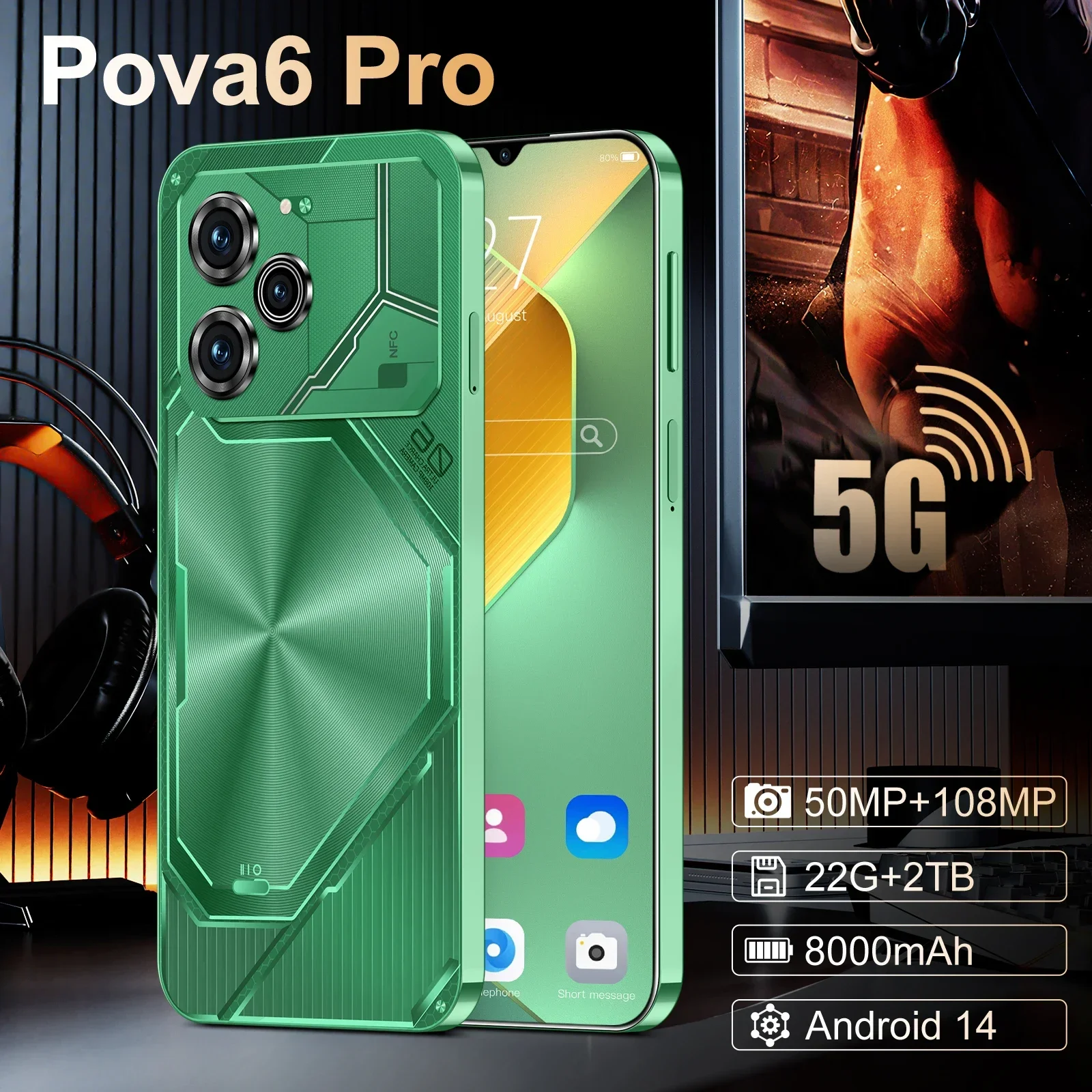 Original Pova6 pro Android Smartphone 7.3inch Screen Dual SIM 8000mAh Battery 22GB+2TB Memory 108MP Camera New Global Version