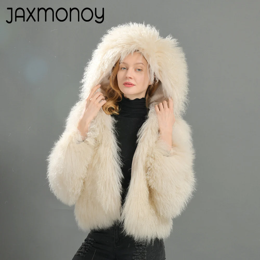 Jaxmonoy Women Real Mongolian Sheep Fur Coats Winter New Style Hood Jacket Ladies Luxury Natural Fur Outerwear Female Solid Fall