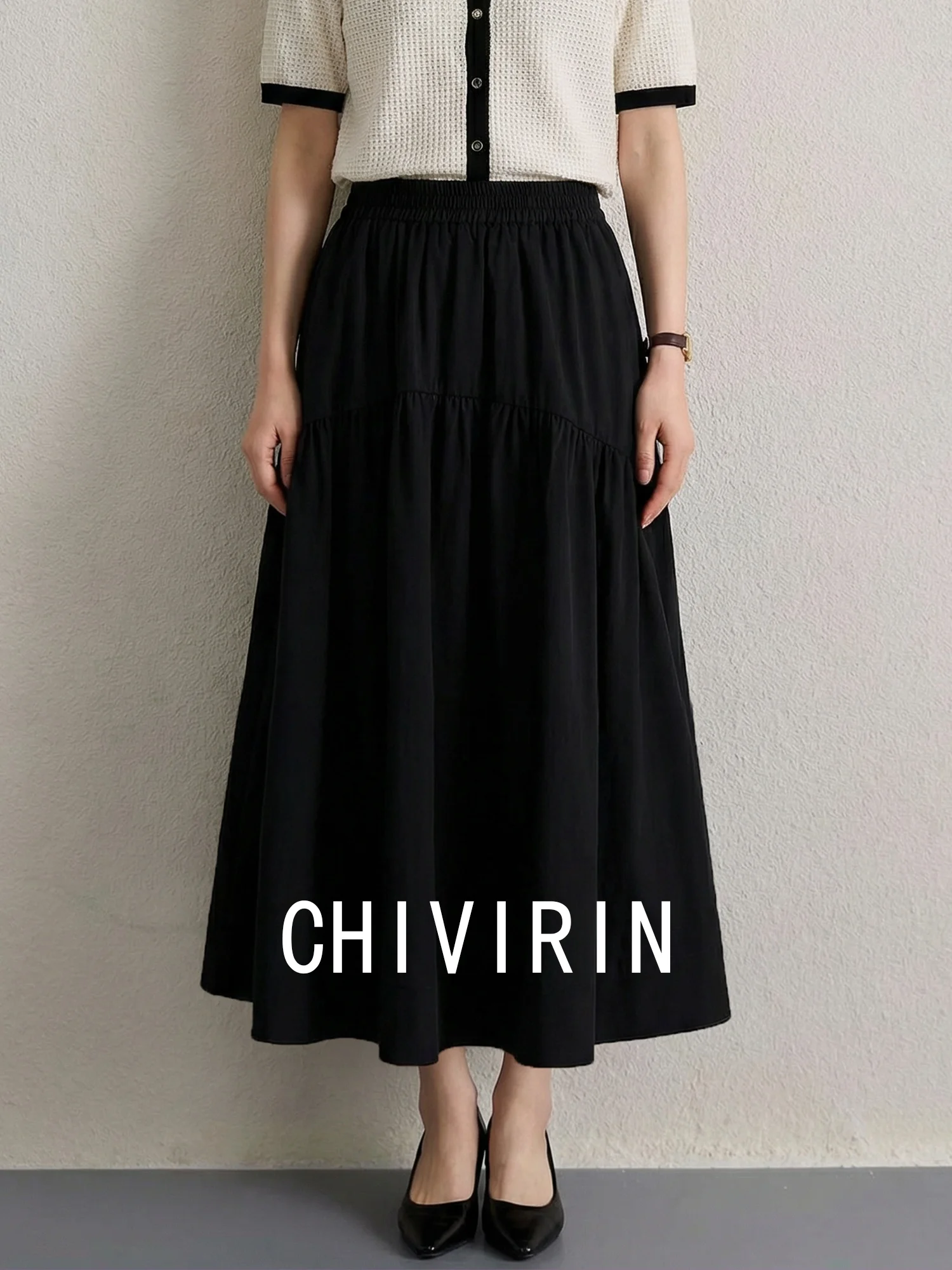 

Chivirin Bla Elastic Waist Skirt with ket A-Line Midi Dr Slimming Drapey Spring 2026 Women's Faion Commute Warm Nyl...