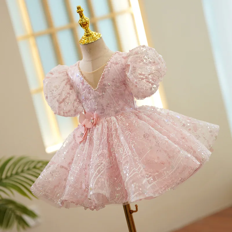 Girls Beauty Pageant Pink Evening Dress for Wedding Luxury Ball Gown Child Elegant Birthday Party Formal Occasion Dresses Sequin