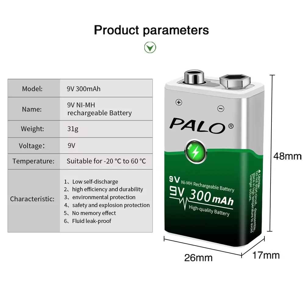 PALO 9V 300mah Nimh Rechargeable Battery with LED charger for 1.2v nimh aa aaa rechargeable battery 9v nimh battery rechargeable